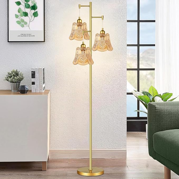Gold Floor Lamp for Living Room,Bedroom,Mid Century Modern Standing Lamp Brass Tree 3 Light Tall Floor Lamps Vintage Retro Floor Lights Glass Green Flower Lamp Shade Farmhouse Boho Bohemian