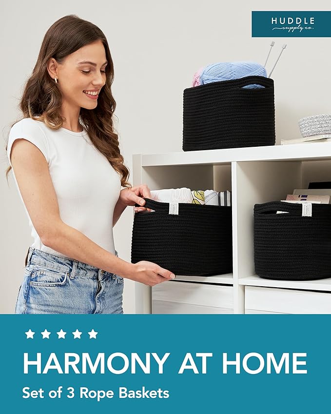 WASHABLE Woven Baskets for Storage Baskets for Shelves Large Cotton Rope Baskets for Organizing Decorative Storage Bins Bathroom, Shelves, Toys,Storage Cube Bins, Small Baskets for Organizing (Black)