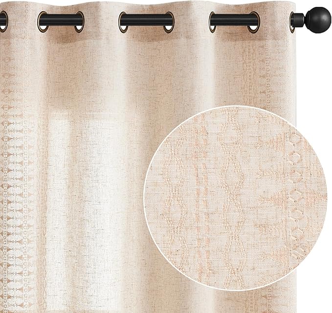 jinchan Boho Curtains for Bedroom Beige Linen Blend Curtains Farmhouse Embroidered Bordered Living Room Drapes 90 Inch Length Bohemian Light Filtering Grommet 2 Panels Ivory on Beige