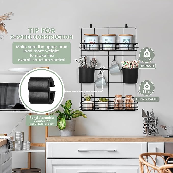 Floating Shelves Wall Organizer - 2-Tier Modular Grid Baskets Shelf Multi-Purpose Wall Mount Cups Holders No Drill Adhesive Hanging Accessories for Dorm Room Bedside Office RV Vanity Storage (Black)