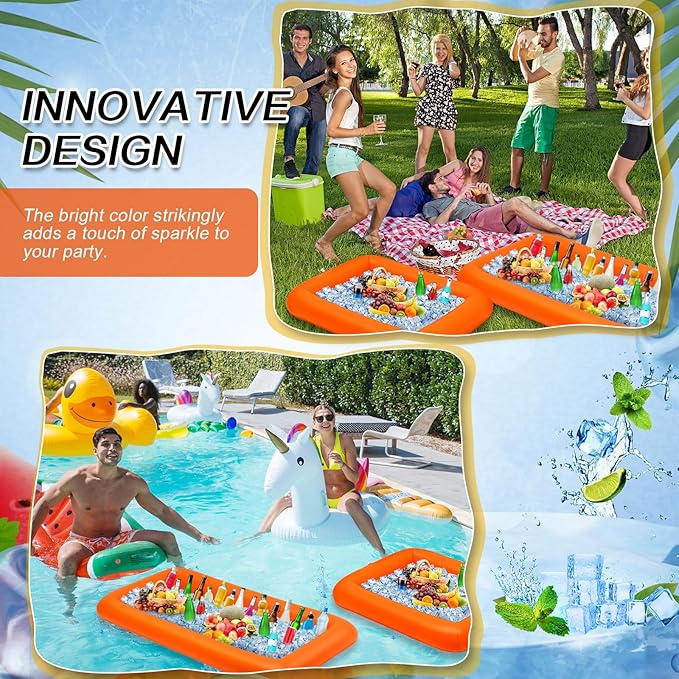 Leitee 4 Pcs Inflatable Ice Serving Bars Buffet Serving Tray Drink Cooler for Pool Party Inflatable Ice Tray Floating Food Drink Containers with Drain Plug and a Hand Pump, 2 Sizes (Orange)