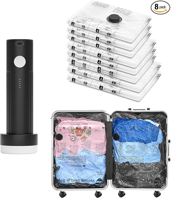 SUOCO Travel Vacuum Bags for Luggage with Portable Electric Pump, 8 Combo (2L/3M/3S) Packing Seal Bags for Clothing Suitcase Backpack, Space Saver Compression Clothes Storage Bag