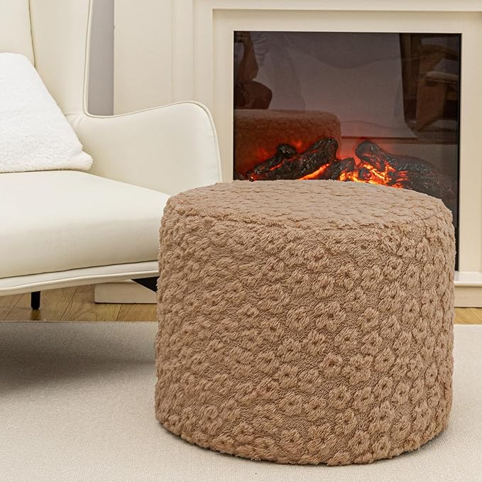 Round Plush Stuffed Ottoman Pouf - Ultra-Soft Furry Ottoman Foot Rest with High-Density Foam Filling, 20" x 14" Multi-Functional Floor Pouf for Living Room