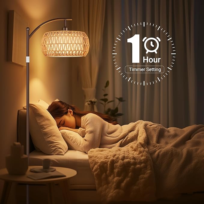 ROTTOGOON Boho Floor Lamp with Dimmable Bulb, Rattan &Linen Double Shades, Boho Standing Tall Lamps with Foot Switch, Brown Bohemian Floor Lamps for Living Room, Bedroom, Office