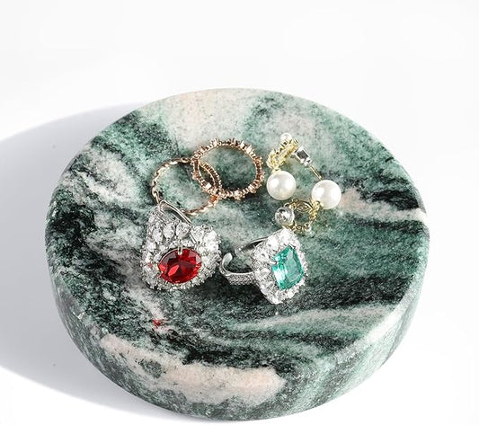 Koville Luxury Stone Jewelry Dish, Small Round Trinket Tray for Ring Necklace Earring, 4" Decorative Dish, Aesthetic Home Table Decor, Natural Stone Soap Dish for Bathroom Kitchen(Green)