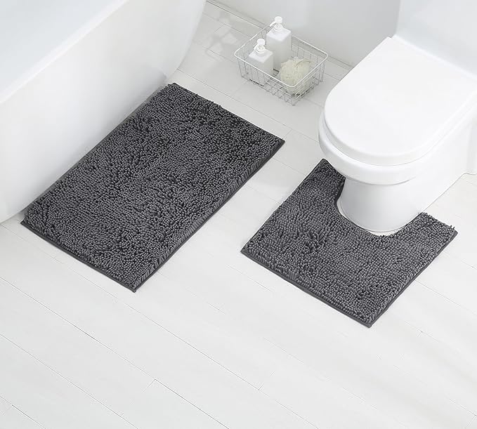 Bathroom Rugs 2 Pieces Chenille Bath Rug Mat, Extra Thick and Soft Absorbent Bath Rugs, Machine Washable, Non-Slip Plush Bath Mats for Tub, Shower, and, (Dark Gray, 32"x20"+U Shape 20"x20")
