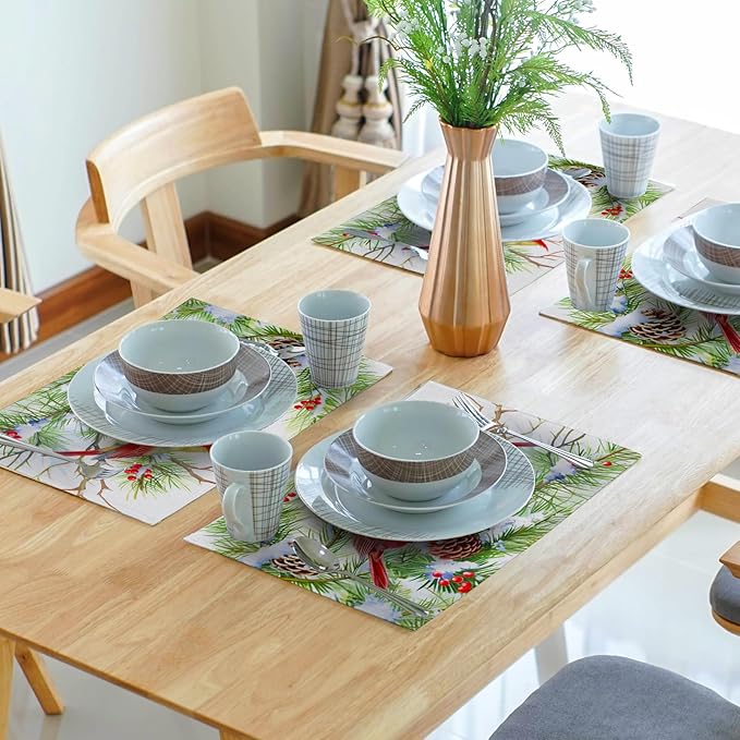 Giwawa Winter Birds Placemats Set of 4, Christmas Tree Holly Berry Pine Cones Place Mat for Kitchen Dining, Xmas Snow Scene Non-Slip Washable Table Mats 12"x18" for Tabletop Holiday Party Decor
