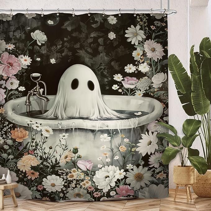 Halloween Ghost Gothic Funny Shower Curtain 60Wx72L Inch Horror Spooky Scary Flower Floral Holiday Bathroom Set Accessories Decor with 12 Pack Hooks