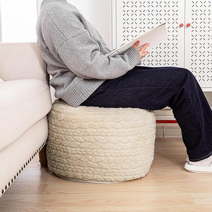 Round Pouf Ottoman 20 x 20 x 14 Inches Boho Poof Home Decor Floor Pouffe Ottoman Foot Rest for Couch Sofa Bean Bag Chairs Living Room Bedroom (Linen White)