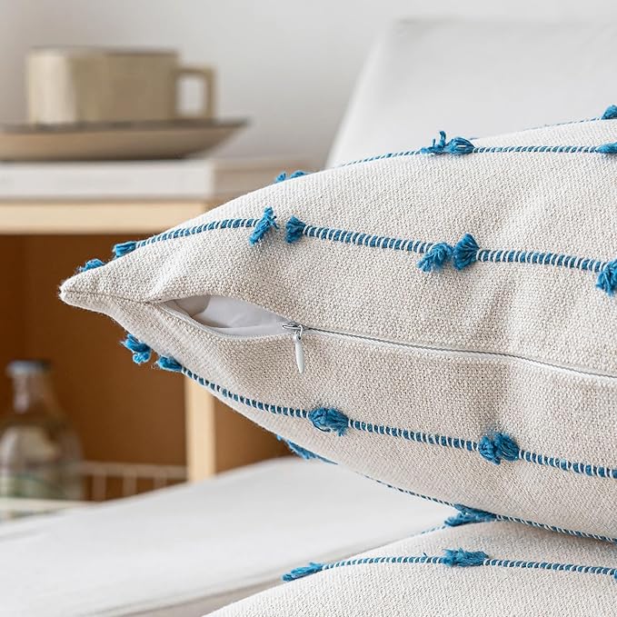Boho Throw Pillow Covers 18x18 Set of 2 Modern Farmhouse Decorative Cushion Case Tufted Linen Square Pillows Cover Neutral Pillow Cases Accent Pillowcase for Sofa,Couch,Bed,Beige and Blue