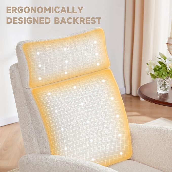 Rocking Chair Nursery Chair with Foot Rest, Nursery Rocking Chairs with High Back, Glider Rocking Chair with Pocket, Baby Nursery Glider Rocker, Nursing Chair Accent Living Room (Teddy, Ivory)