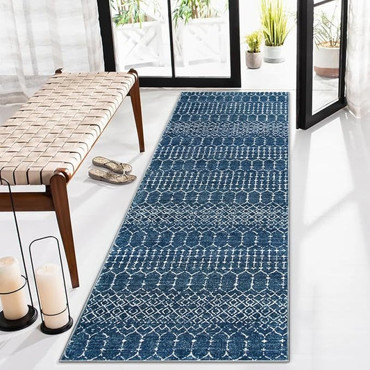 Lahome Moroccan Blue Runner Rug - 2x6 Rug Non-Slip Stain Resistant Kitchen Rug Runner Low-Profile Washable Hallway Runners, Geometric Print Distressed Carpet for Entryway Bathroom Laundry Room