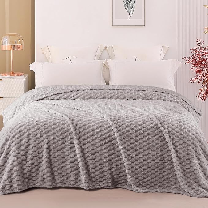 Exclusivo Mezcla Twin Size Soft Fleece Blanket, 60x80 Inches Stylish Jacquard Velvet Blanket for Bed, Fuzzy Cozy Lightweight for All Season, Light Grey