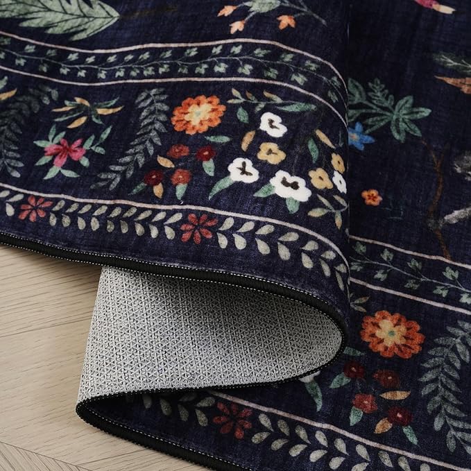 Area Rug 4x6 Rug Washable Boho Rugs Non Slip Low Pile Floral Animal Small Carpet for Bedroom, Bedside, Kids Room, Office, Dining Room (Blue)