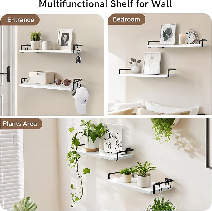 Gronda White Floating Shelves for Wall Storage Shelf with Black Brackets for Bathroom Kitchen Laundry Over Toilet Wooden Hanging Organizer Modern Minimalist Decor for Bedroom Living Room, Set of 2