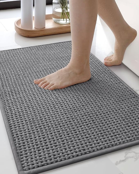 Color&Geometry Chenille Pile Bathroom Rugs Upgraded Denser, 17"x29.5" Non Slip Absorbent Grey Bath Mats for Bathroom Thin Fit Under Door, Washable Quick Dry, Standard Sized