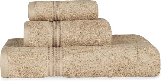 Superior Egyptian Cotton 3-Piece Towel Set, Basic Towels For Bathroom, Home Decor, Guest Bath, Shower, Apartment, Included 1 Face, 1 Hand, 1 Bath Towel, Washcloth, Quick Dry, Taupe