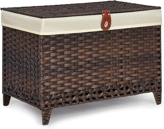 Wicker Storage Basket with Lid,Rattan Shelf Basket with Removable Liner Bag,65L Storage Bin,Storage Trunk with Heightened Feet,Storage Container for Wardrobe,Home Organizer