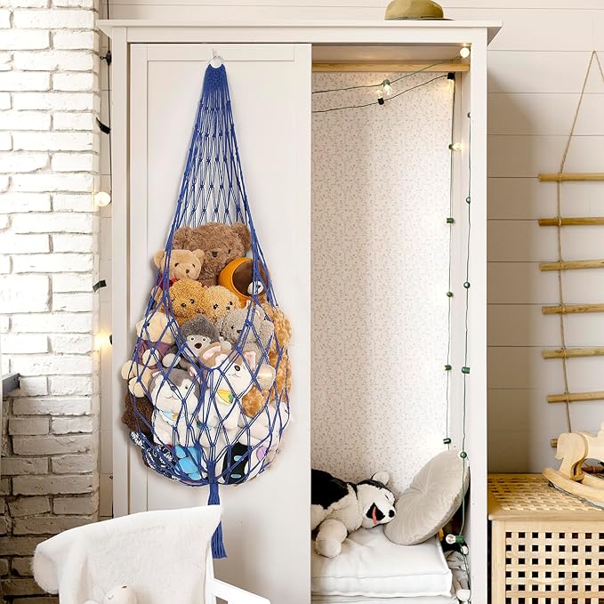 Stuffed Animal Storage Toy Hammock Corner Hanging Net for Stuff Animal Storage Macrame Toy Display Plushie Toy Holder-Wall Hanging Net for Kid Bedroom Decor Playroom Organizer (Blue)