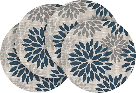Artoid Mode Navy Dahlia Plastic Round Placemats Set of 4, 14 Inch Seasonal Wipeable Woven Vinyl Table Mats for Farmhouse Party Kitchen Dining Decor