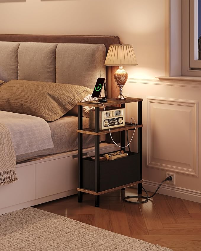 Small Narrow Side Table with Charging Station, Skinny End Table with Fabric Basket, Slim Nightstand for Small Spaces, Sofa Side Table, for Living Room, Bedroom, Rustic Brown and Black TBZ07UBF