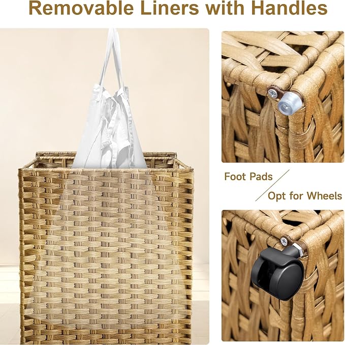 88L Slim Laundry Hamper with Wheels, 23.3 Gallon Rolling Laundry Basket with Lid, Tall and Narrow Laundry Hamper with 2 Removable Liner & 3 Mesh Laundry Bags, Laundry Sorter for Bathroom, Natural