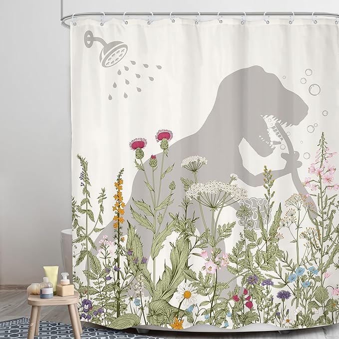 LGhtyro Wildflower Dinosaur Kids Shower Curtain Bathroom Set 71Wx71H Inches Funny Dino Silhouette Floral Rustic Plant Leaves Botanical Bath Accessories for Boys Art Home Decor Fabric 12 Pack Hooks