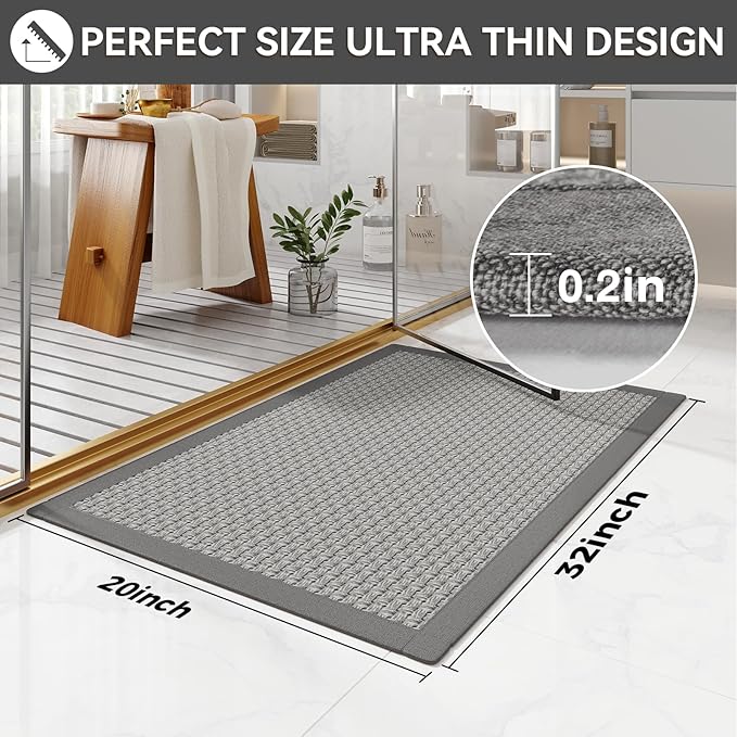Bath Mat Bathroom Rugs Non Slip Washable, Soft Jute-Like Ultra Thin Bath Mats, Rubber Backing Super Absorbent Quick Dry Thin Bath Rug Shower Mat Fit Under Door Bathroom Tub Floor, Gray 20" x 32"