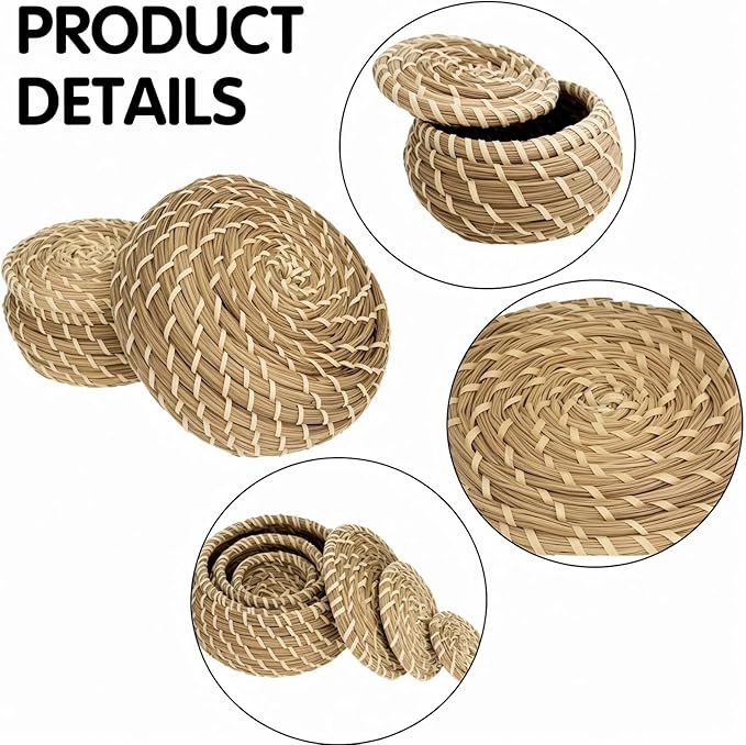 Set of 9 Round Woven Seagrass Baskets, Small Wicker Basket with Lid, Little Handmade Rattan Storage Basket Box for office, bedroom, living room