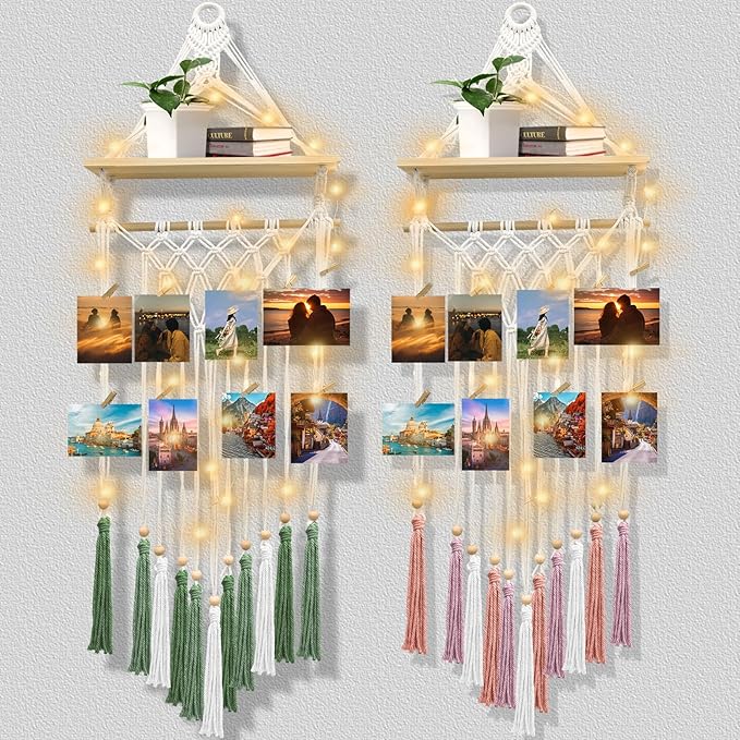 Macrame Wall Hanging Bohemian Photo Display Holder with Wooden Shelf Tassels Decorative LED Light Strings Hooks 20 Clips Boho Art Picture Card Hangers Handmade Tapestry Romantic Gift - Green