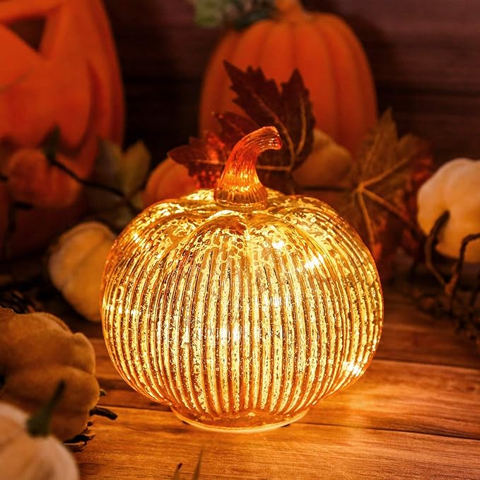 Mercury Glass Light up Pumpkin with Timer- Fall Decoration for Home-Lamps for Festive Decoration-Halloween Decorations (Gold)