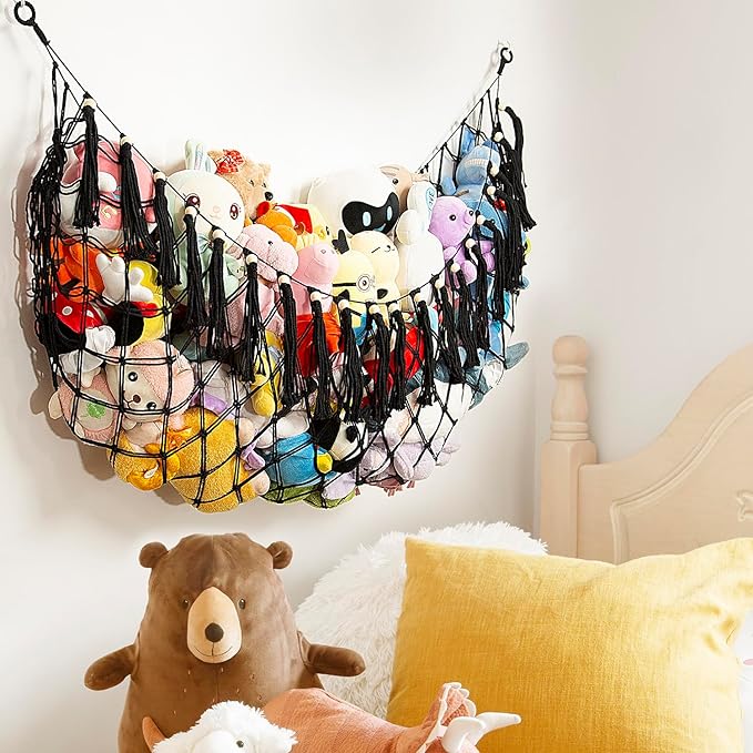 Stuffed Animal Hammock Corner Hanging Net Plush Toy Organizer Macrame Stuffed Animal Storage Display for Teddy Net Corner Toy Net for Bedroom-Black