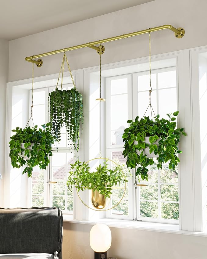 Plant Hanger Indoor, Hanging Planters for Indoor Plants with 6 Hanging Chains, Wall Plant Hanging Rod for Window Ceiling, 65 Inch, Metal/Golden, Pots Not Included