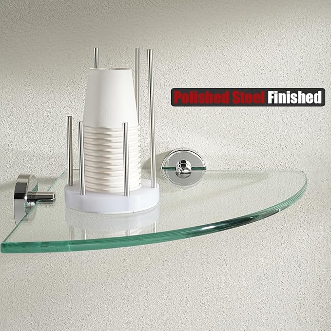 JQK Corner Glass Shelf, Polished Chrome Bathroom 304 Stainless Steel Shower Triangle Floating Wall Shelf, 10 x 10 Tempered Glass, 2 Pack, TGS190L10-CH-P2