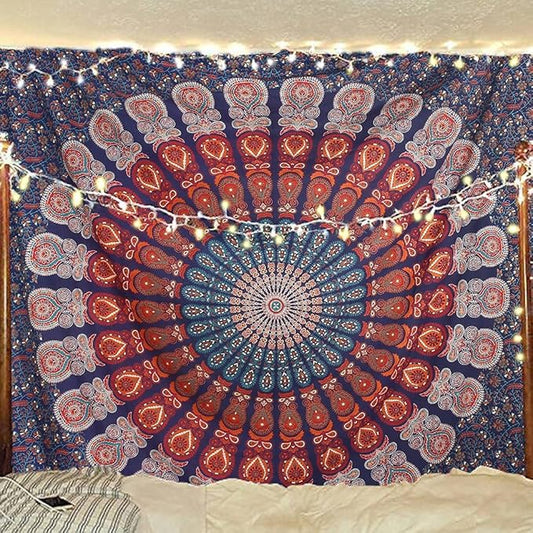 Bless International Handmade Indian hippie Bohemian Psychedelic Peacock Mandala Wall hanging College Dorm Beach Throws Table Cloth Bedding Tapestry (Golden Blue White, Poster(30x40Inches)(76x101cms))