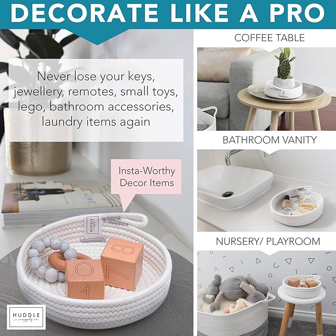 Small Basket Set - 2PC WASHABLE Small Storage Basket 100% Cotton Small Rope Basket 7.5" Small Woven Basket for Key Basket, Mini Basket, Kitchen Basket, Remote Basket (White, Small)