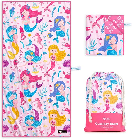 Kids Beach Towel 60''x30'', Quick Dry, Sand Free, Compact, Lightweight, Absorbent, Girls & Boys Large Microfiber Towels for Pool, Swim, Cruise Essentials, Mermaid