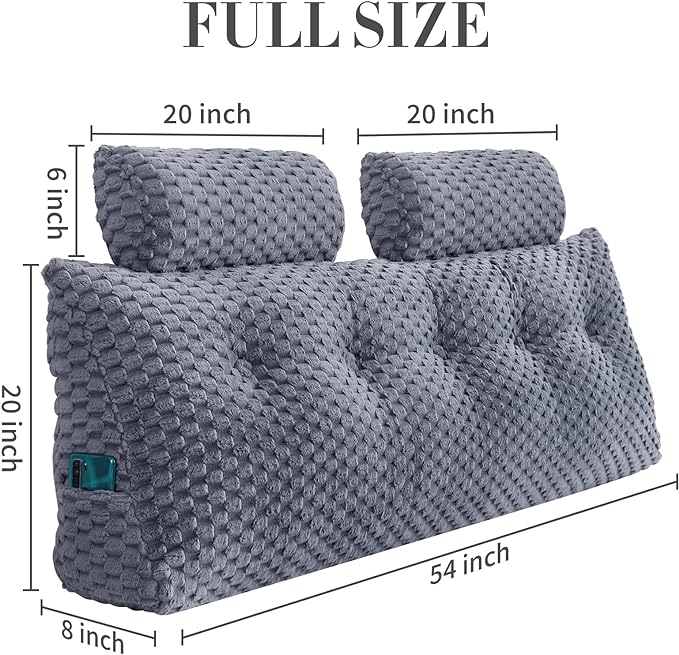 Wedge Headboard Pillow - Bed Wedge Pillow for Headboard Triangular Headboard Pillow with Neck Roll Pillow-Large Bolster Pillow for Sitting in Bed Backrest Positioning Support (Grey,54x8x20 Inches)