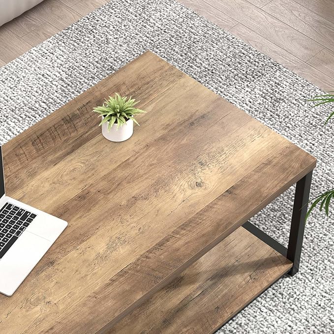 FOLUBAN Coffee Table with Storage Shelf, Modern Industrial Metal and Wood Living Room Table, Small Rectangle Cocktail Tea Table for Bedroom Home Office, Rustic Oak, 39.3 Inch