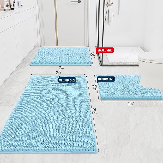 Smiry Luxury Chenille Bathroom Rugs 47x17, Extra Soft and Absorbent Shaggy Bath Mat, Machine Washable, Non-Slip Plush Carpet Runner for Tub, Shower, and Floor, Home Decor Accessories, Sky Blue