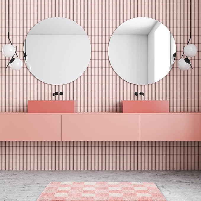 CozeCube Checkered Bath mats Non Slip, Plush Shaggy Bath Rugs for Bathroom Washable, Buffalo Plaid Bath mat, Pink Christmas Bathroom Rugs, Blossom Pink, 36" x 24"