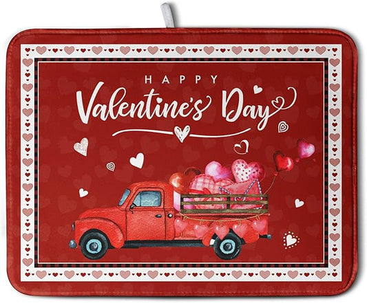Happy Valentine's Day Dish Drying Mat for Kitchen Red Love Heart Truck Plaid Drying Mats Super Absorbent Dishes Drainer Pad Reversible Microfiber Dish Drying Rack Mat for Kitchen Counter 18x24 Inch
