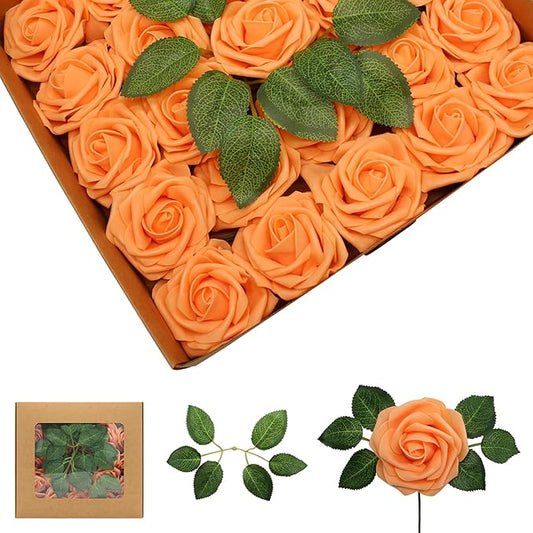 Artificial Flowers 50Pcs Orange Roses Real Looking Foam Fake Roses with Leaves for DIY Wedding Bouquets Bridal Shower Centerpieces Party Decorations (Orange, 50)