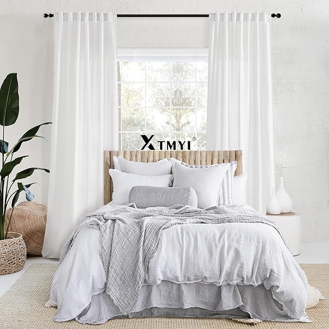 XTMYI 86 Inches Long Back Tab/Hook Belt Linen Cotton Sheer Curtains for Bedroom Living Room,2 Panels,40 Inch Wide,White