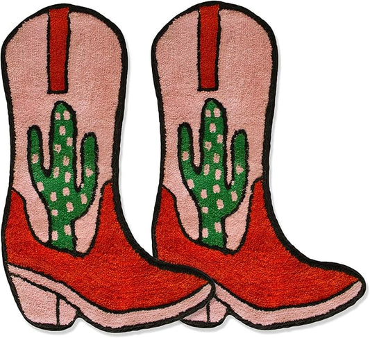 Cowboy Boot Bath Mat - Western Boot Shaped Rug with Pink, Rust, and Green Cactus Design - Water Absorbent (Boot Bath Mat 2 Pack)