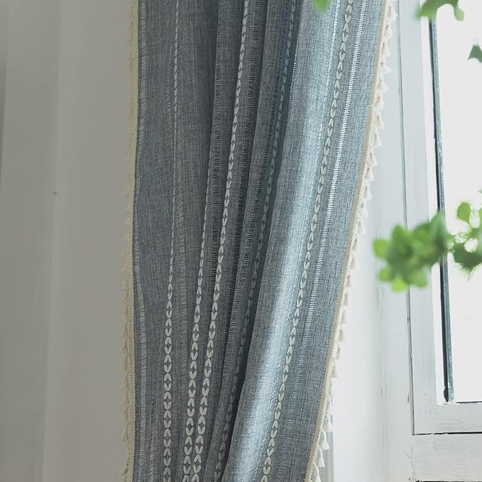 Sutuo Home Boho Curtains for Bedroom Living Room Kitchen, Semi-Blackout French Country Farmhouse Vintage Linen Shabby Chic Tassels Hollow Window Treatment Bohemian Drape, 1 Panel 52" W x 63" L, Blue