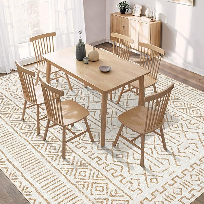 8x10 Area Rug Living Room: Washable Boho Geometric Moroccan Rug Neutral Modern Farmhouse Indoor Soft Non Slip Ultra Thin Large Printed Pattern Carpet for Bedroom Home Office (BeigeBrown, 8'x10')