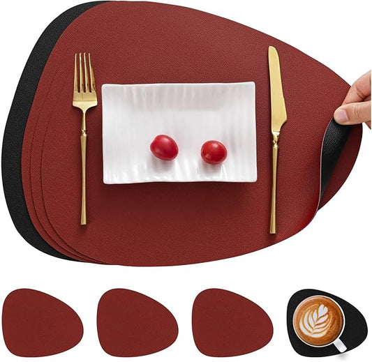 Myir JUN Placemats, Dual-Sided Placemats Waterproof Faux Leather Placemats Set of 4 Place Mats and Coasters Non-Slip Washable Table Mats for Dining Table (Red Black, Set of 4)