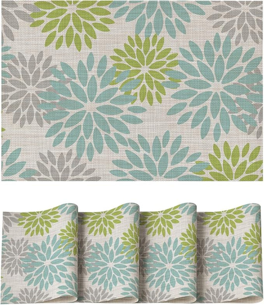 Artoid Mode Floral Vinyl Placemats Set of 4, Heat Resistant Washable Non-Slip Plistic PVC Place Mats for Party Kitchen Dining Decor, Sage
