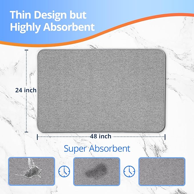 Upgraded Thin Bathroom Rugs, Bath Mat Super Absorbent, Bath Rugs Rubber Backing Non-Slip, Quick Dry Machine Washable, Cozy Cloth Bathroom Mat fit Under Door/Sink/ Bathtub/Floor/Shower 24''x48''-Gray